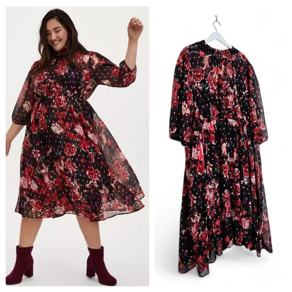 NWT Torrid Dress 5X Floral Chiffon Mock Neck Wedding Guest Midi Burgundy Purple!